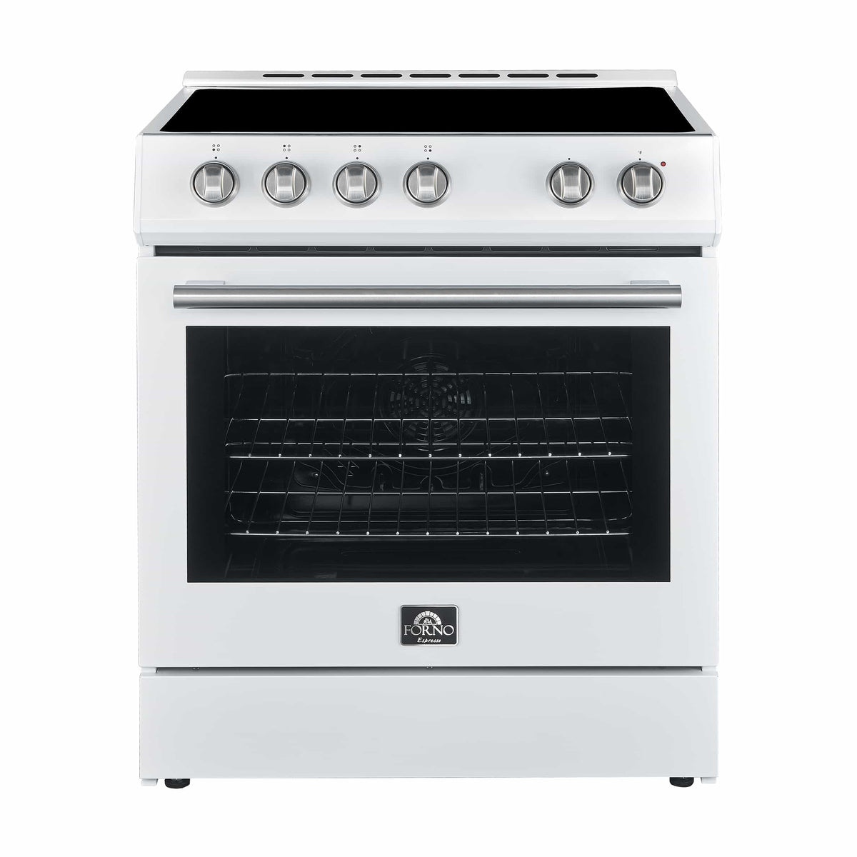 Forno 5-Piece Appliance Package - 30-Inch Electric Range, Under Cabinet Range Hood, French Door Refrigerator, Dishwasher, and 30-Inch Microwave Drawer in White with Stainless Steel Trim - APR5-6012-30WHT-MWD30