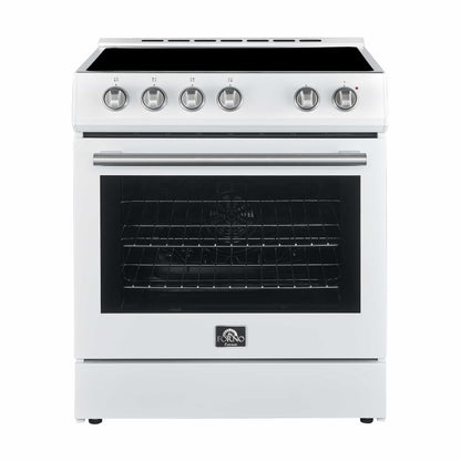 Forno 5-Piece Appliance Package - 30-Inch Electric Range, Under Cabinet Range Hood, French Door Refrigerator, Dishwasher, and 30-Inch Microwave Drawer in White with Stainless Steel Trim - APR5-6012-30WHT-MWD30
