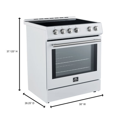 Forno 5-Piece Appliance Package - 30-Inch Induction Range, Under Cabinet Range Hood, Refrigerator with Water Dispenser, Dishwasher, and 30-Inch Microwave Drawer in White with Stainless Steel Trim - APW5-982-30WHT-MWD30