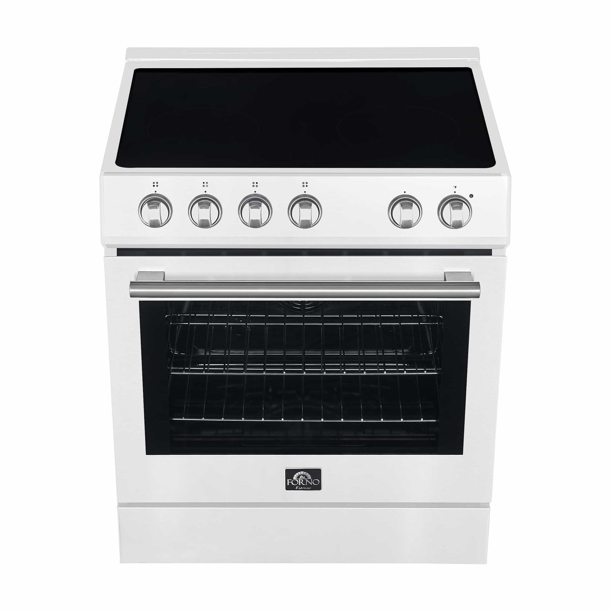Forno 5-Piece Appliance Package - 30-Inch Electric Range, Under Cabinet Range Hood, Refrigerator with Water Dispenser, Dishwasher, and 30-Inch Microwave Drawer in White with Stainless Steel Trim - APW5-6012-30WHT-MWD30