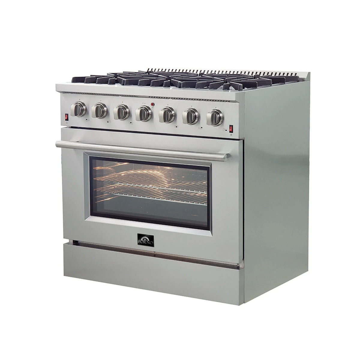 Forno 5-Piece Appliance Package - 36-Inch Gas Range, Wall Mount Range Hood, 60-Inch Refrigerator, Dishwasher, and 30-Inch Microwave Drawer in Stainless Steel - AP5-6244-36-5095-60S-30MD