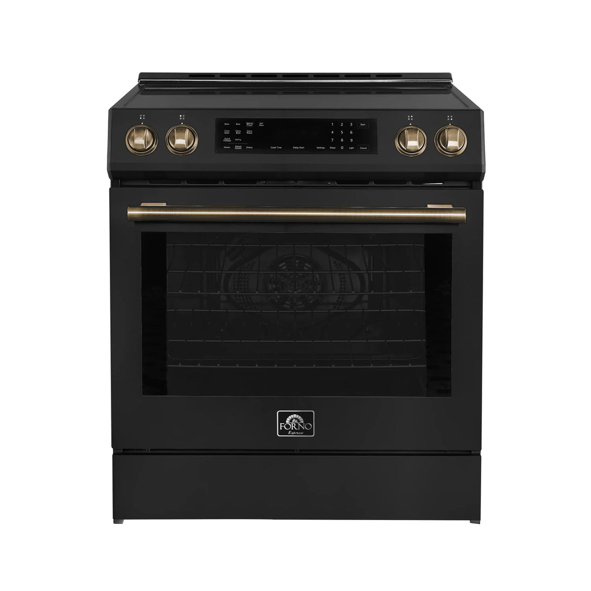 Forno 5-Piece Appliance Package - 30-Inch Induction Range, Under Cabinet Range Hood, Refrigerator with Water Dispenser, Dishwasher, and  Microwave Drawer in Black with Antique Brass Trim - APW5-905-30BLK