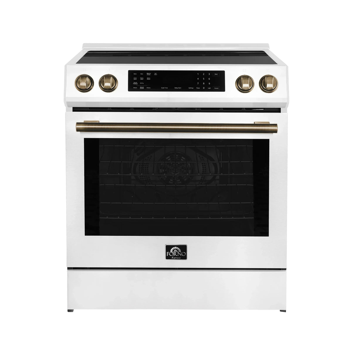 Forno 5-Piece Appliance Package - 30-Inch Inducton Range, Under Cabinet Range Hood, Refrigerator, Dishwasher, and  24-Inch Microwave Oven in White with Antique Brass Trim - APR5-905-30WHT-MWO24