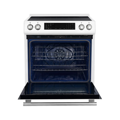 Forno 5-Piece Appliance Package - 30-Inch Induction Range, Under Cabinet Range Hood, Refrigerator with Water Dispenser, Dishwasher, and 24-Inch Microwave Drawer in White with Stainless Steel Trim - APW5-905-30WHT
