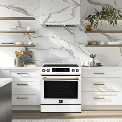 Forno 5-Piece Appliance Package - 30-Inch Induction Range, Under Cabinet Range Hood, Refrigerator with Water Dispenser, Dishwasher, and 30-Inch Microwave Drawer in White with Antique Brass Trim - APW5-905-30WHT-MWD30