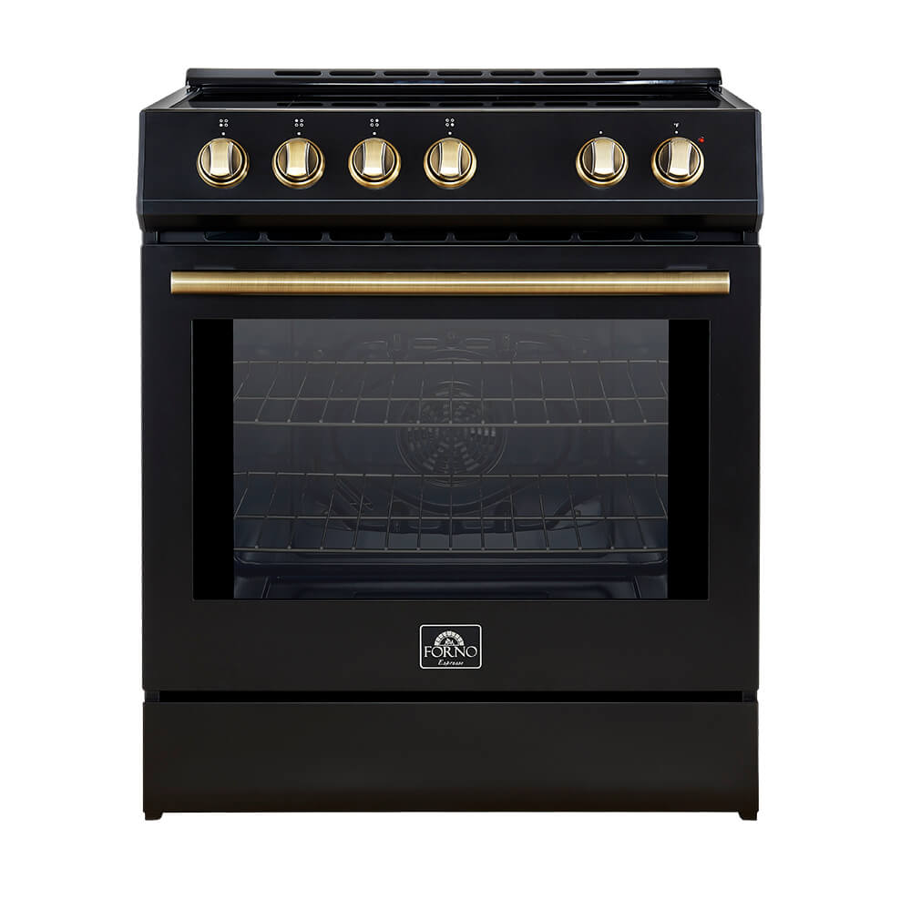 Forno 5-Piece Appliance Package - 30-Inch Induction Range, Under Cabinet Range Hood, Refrigerator with Water Dispenser, Dishwasher, and 30-Inch Microwave Drawer in Black with Antique Brass Trim - APW5-982-30BLK-MWD30