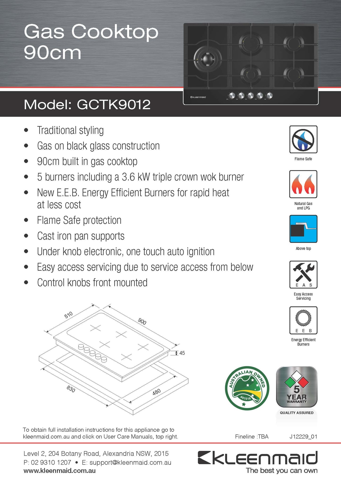 Kleenmaid 90cm Black Glass Cooktop - GCTK9012