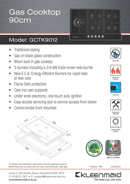 Kleenmaid 90cm Black Glass Cooktop - GCTK9012