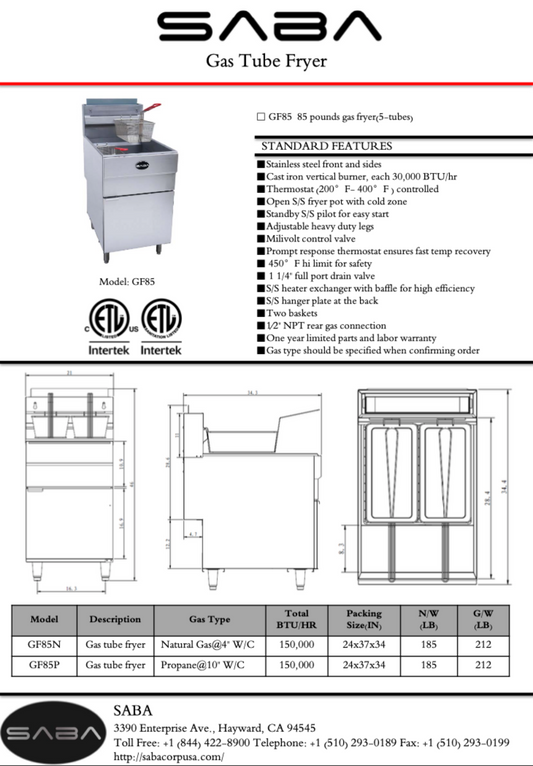 SABA  Commercial Gas Fryer (Natural Gas)2,076.80  - GF85-N
