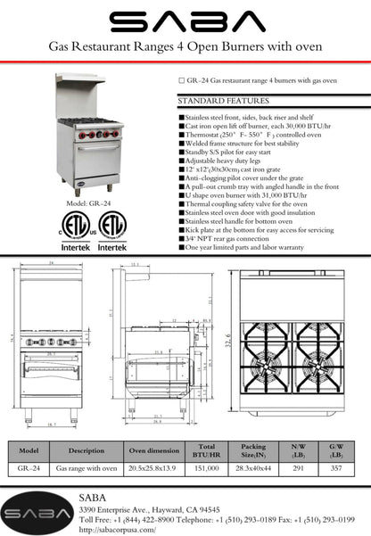 SABA - Commercial Gas 4 Burner with Oven - GR-24