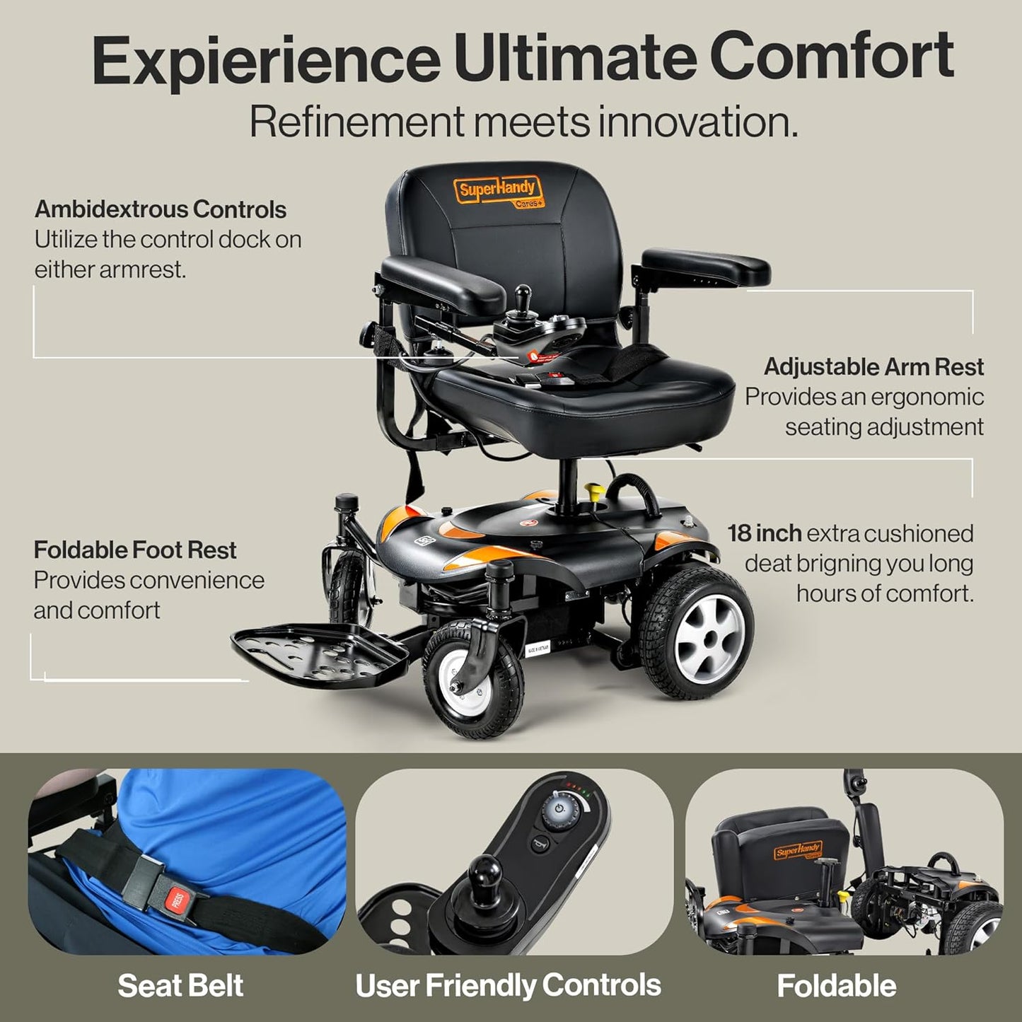 Super Handy GUT172 GoRide CRZ Power Wheelchair Rear-Wheel Drive 300 lbs. Capacity 24V 250W 4 MPH 6.7 Mile Range New - GUT172