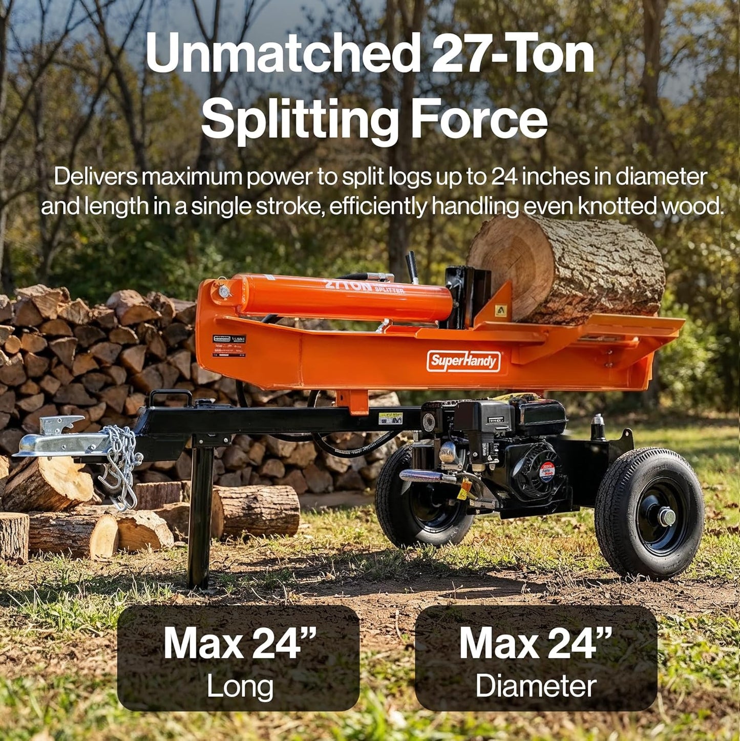 Super Handy GUT199 Log Splitter 27 Ton Full Beam Vertical/Horizontal 223cc Gas Towable New - GUT199