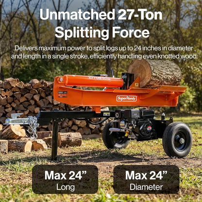 Super Handy GUT199 Log Splitter 27 Ton Full Beam Vertical/Horizontal 223cc Gas Towable New - GUT199