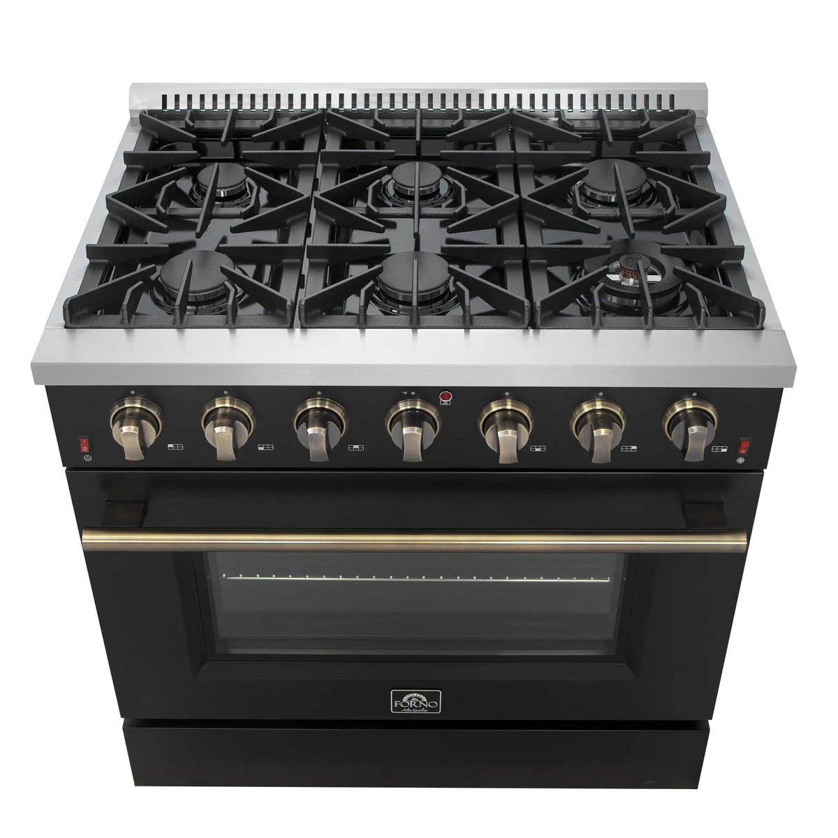 Forno Galiano 5-Piece Appliance Package - 36-Inch Gas Range, 36-Inch Hood, 36-Inch Refrigerator, 24-Inch Dishwasher, & 24-Inch Microwave Oven in Black with Antique Brass Trim - AP5-6244-36BLK-MWO24