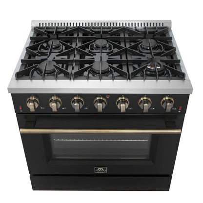 Forno Galiano 5-Piece Appliance Package - 36-Inch Gas Range, 36-Inch Hood, 36-Inch Refrigerator, 24-Inch Dishwasher, & 24-Inch Microwave Oven in Black with Antique Brass Trim - AP5-6244-36BLK-MWO24