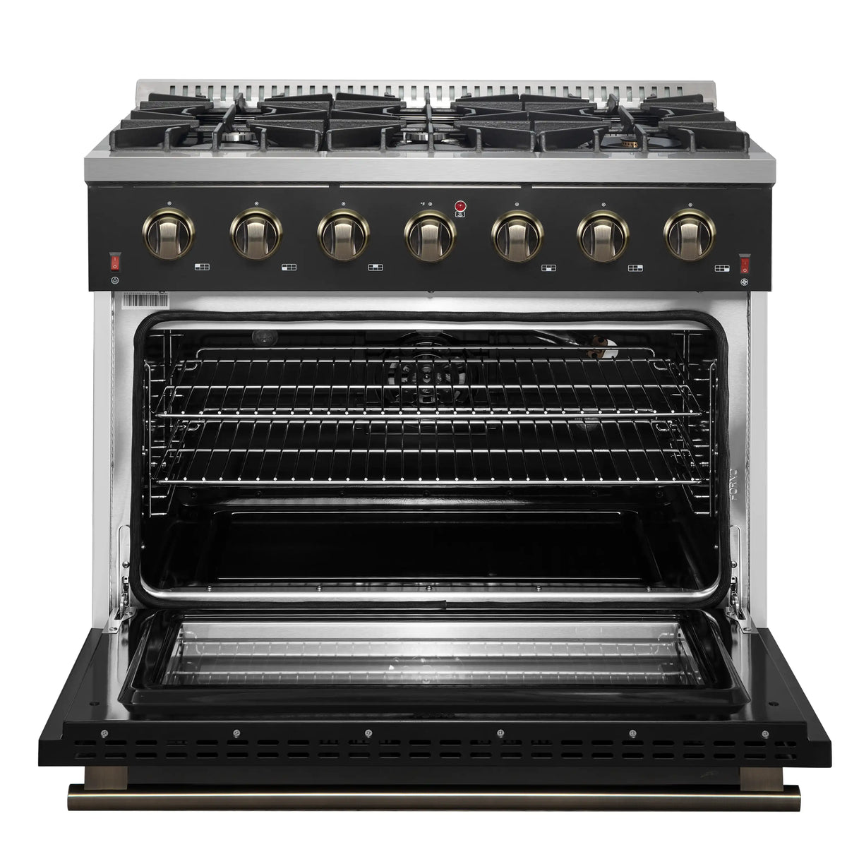 Forno Galiano 5-Piece Appliance Package - 36-Inch Gas Range, 36-Inch Hood, 36-Inch Refrigerator, 24-Inch Dishwasher, & 24-Inch Microwave Oven in Black with Antique Brass Trim - AP5-6244-36BLK-MWO24