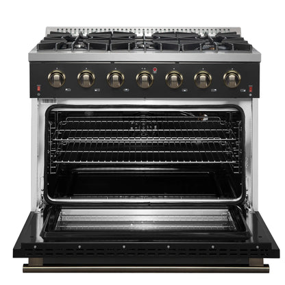 Forno Galiano 5-Piece Appliance Package - 36-Inch Gas Range, 36-Inch Hood, 36-Inch Refrigerator, 24-Inch Dishwasher, & 24-Inch Microwave Oven in Black with Antique Brass Trim - AP5-6244-36BLK-MWO24