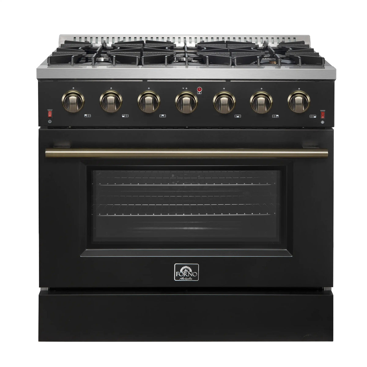Forno 5-Piece Appliance Package - 36-Inch Gas Range, Wall Mount Range Hood, 60-Inch Convertible Refrigerator with Modern Trim, Dishwasher, and 24-Inch Microwave Oven in Black with Antique Brass Handle - AP5-6244-36BLK-MWO24-60MG