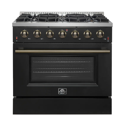 Forno 4-Piece Appliance Package - 36-Inch Gasl Fuel Range, Wall Mount Range Hood, 60-Inch Built-In Convertible Refrigerator, and Dishwasher in Black with Antique Brass Handle - AP4-6244-36BLK-5095-60MG