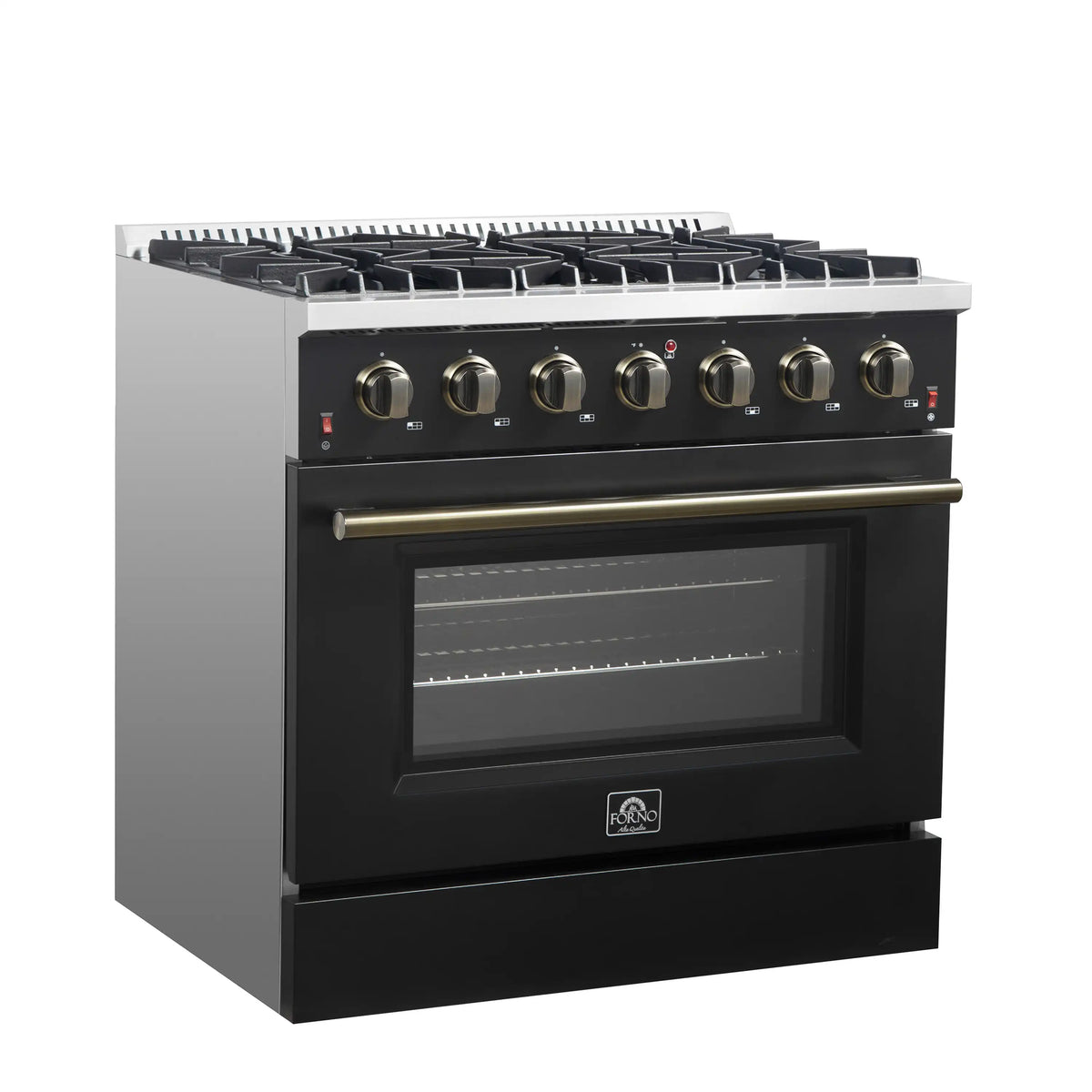 Forno Galiano 5-Piece Appliance Package - 36-Inch Gas Range, 36-Inch Hood, 36-Inch Refrigerator, 24-Inch Dishwasher, & 24-Inch Microwave Oven in Black with Antique Brass Trim - AP5-6244-36BLK-MWO24