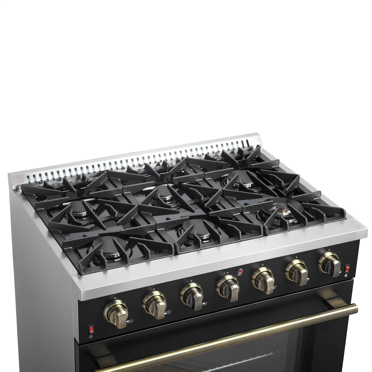 Forno Galiano 5-Piece Appliance Package - 36-Inch Gas Range, 36-Inch Hood, 36-Inch Refrigerator, 24-Inch Dishwasher, & 24-Inch Microwave Oven in Black with Antique Brass Trim - AP5-6244-36BLK-MWO24