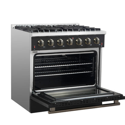 Forno Galiano 5-Piece Appliance Package - 36-Inch Gas Range, 36-Inch Hood, 36-Inch Refrigerator, 24-Inch Dishwasher, & 24-Inch Microwave Oven in Black with Antique Brass Trim - AP5-6244-36BLK-MWO24