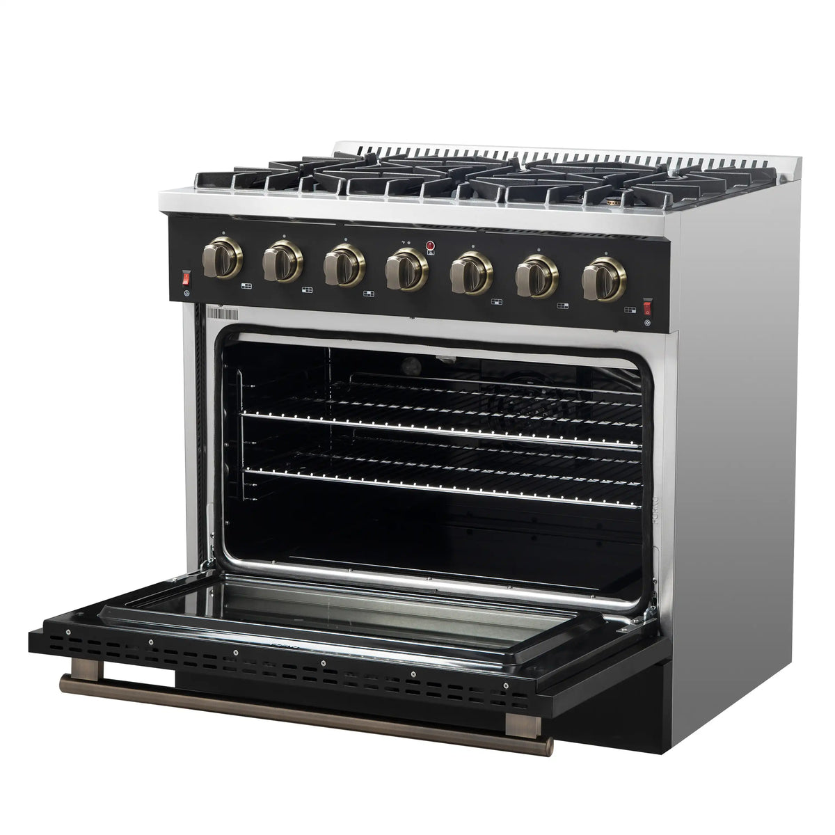 Forno 5-Piece Appliance Package - 36-Inch Gas Range, Wall Mount Range Hood, 60-Inch Convertible Refrigerator with Modern Trim, Dishwasher, and 24-Inch Microwave Drawer in Black with Antique Brass Handle - AP5-6244-36BLK-MWD24-60MG