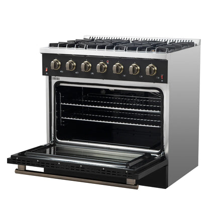 Forno Galiano 5-Piece Appliance Package - 36-Inch Gas Range, 36-Inch Hood, 36-Inch Refrigerator, 24-Inch Dishwasher, & 24-Inch Microwave Oven in Black with Antique Brass Trim - AP5-6244-36BLK-MWO24
