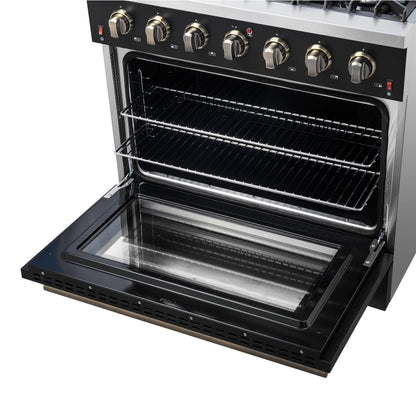 Forno Galiano 5-Piece Appliance Package - 36-Inch Gas Range, 36-Inch Hood, 36-Inch Refrigerator, 24-Inch Dishwasher, & 24-Inch Microwave Oven in Black with Antique Brass Trim - AP5-6244-36BLK-MWO24
