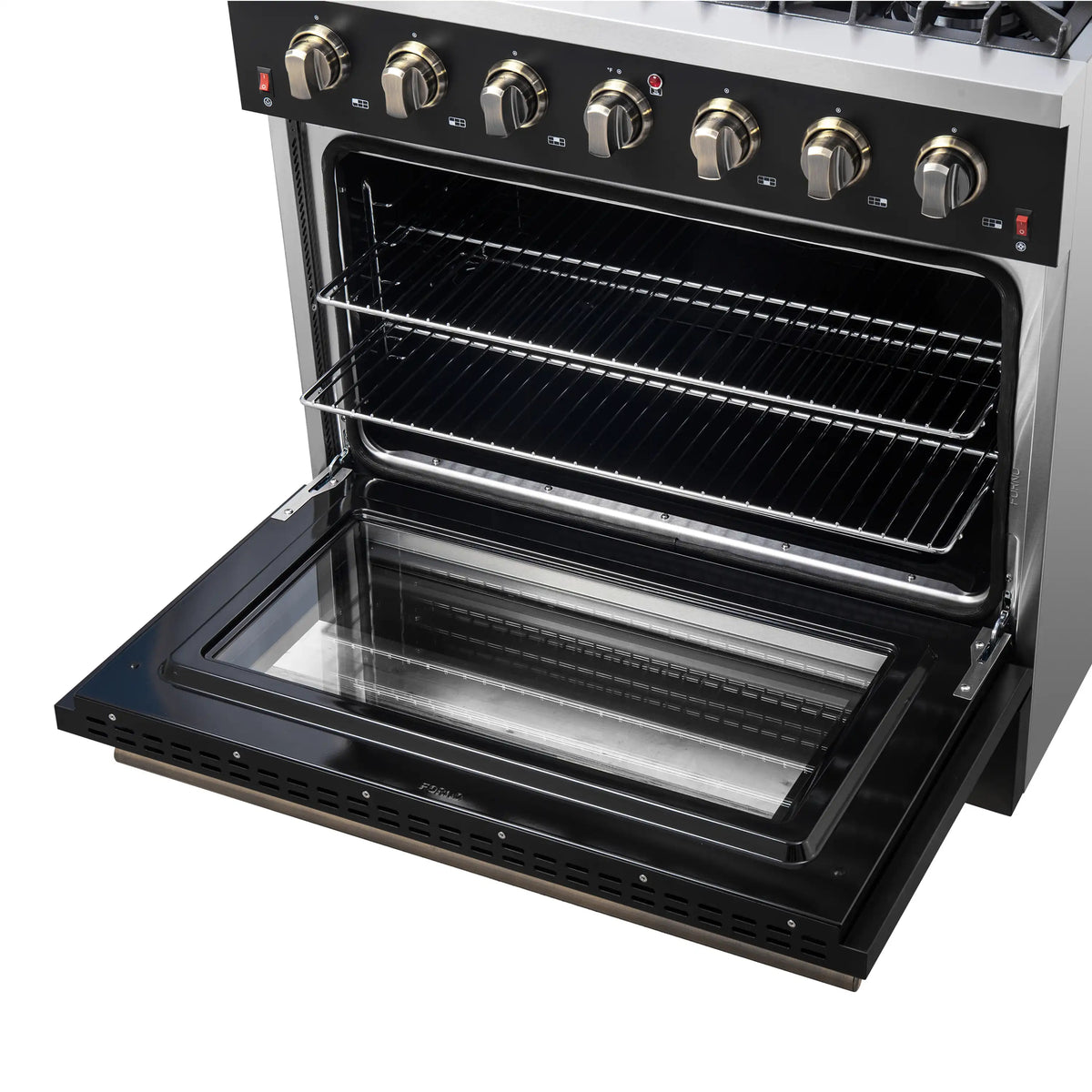 Forno 5-Piece Appliance Package - 36-Inch Gas Range, Wall Mount Range Hood, 60-Inch Convertible Refrigerator with Modern Trim, Dishwasher, and 24-Inch Microwave Drawer in Black with Antique Brass Handle - AP5-6244-36BLK-MWD24-60MG