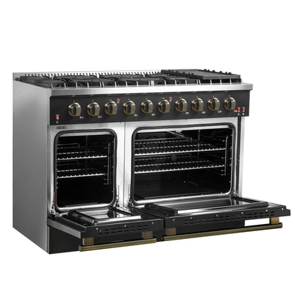 Forno 5-Piece Appliance Package - 48-Inch Gas Range, Wall Mount Range Hood, 36-Inch Refrigerator, Dishwasher, and 30-Inch Microwave Drawer in Black with Antique Brass Handle - AP5-6244-48BLK-5095-MD30