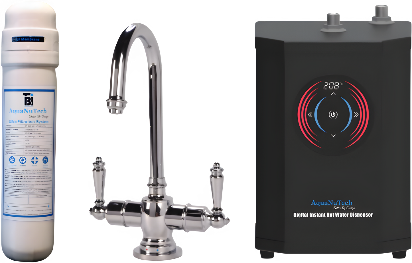 AquaNuTech Digital Instant Hot Water Dispenser with Traditional Hot/Cold Faucet & Filtration New - HTF-HC2200-CH