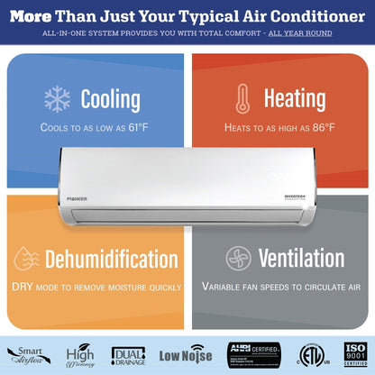 Pioneer Diamante Pro Series 12,000 BTU 19 SEER2 Ductless Mini-Split Air Conditioner Inverter+ Heat Pump Full Set 230V with 16 Ft. Kit - WYT012GLFI19RL