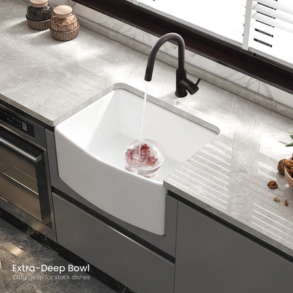 Kibi 24" x 20" x 10" Pure Series Undermount Single Bowl Fireclay Curved Apron Kitchen Sink In Glossy White - K2-SF24C