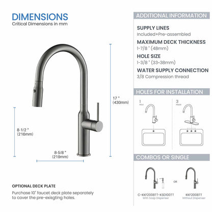 Kibi Hilo Single Handle High Arc Pull Down Kitchen Faucet With Soap Dispenser in Titanium Finish - C-KKF2008TT-KSD100TT