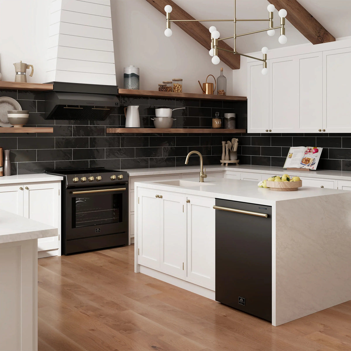 Forno 5-Piece Appliance Package - 30-Inch Electric Range, Under Cabinet Range Hood, French Door Refrigerator, Dishwasher, and 30-Inch Microwave Drawer in Black with Antique Brass Trim - APR5-6012-30BLK-MWD30