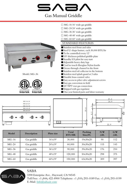 SABA  - Commercial Manual Griddle - MG-24