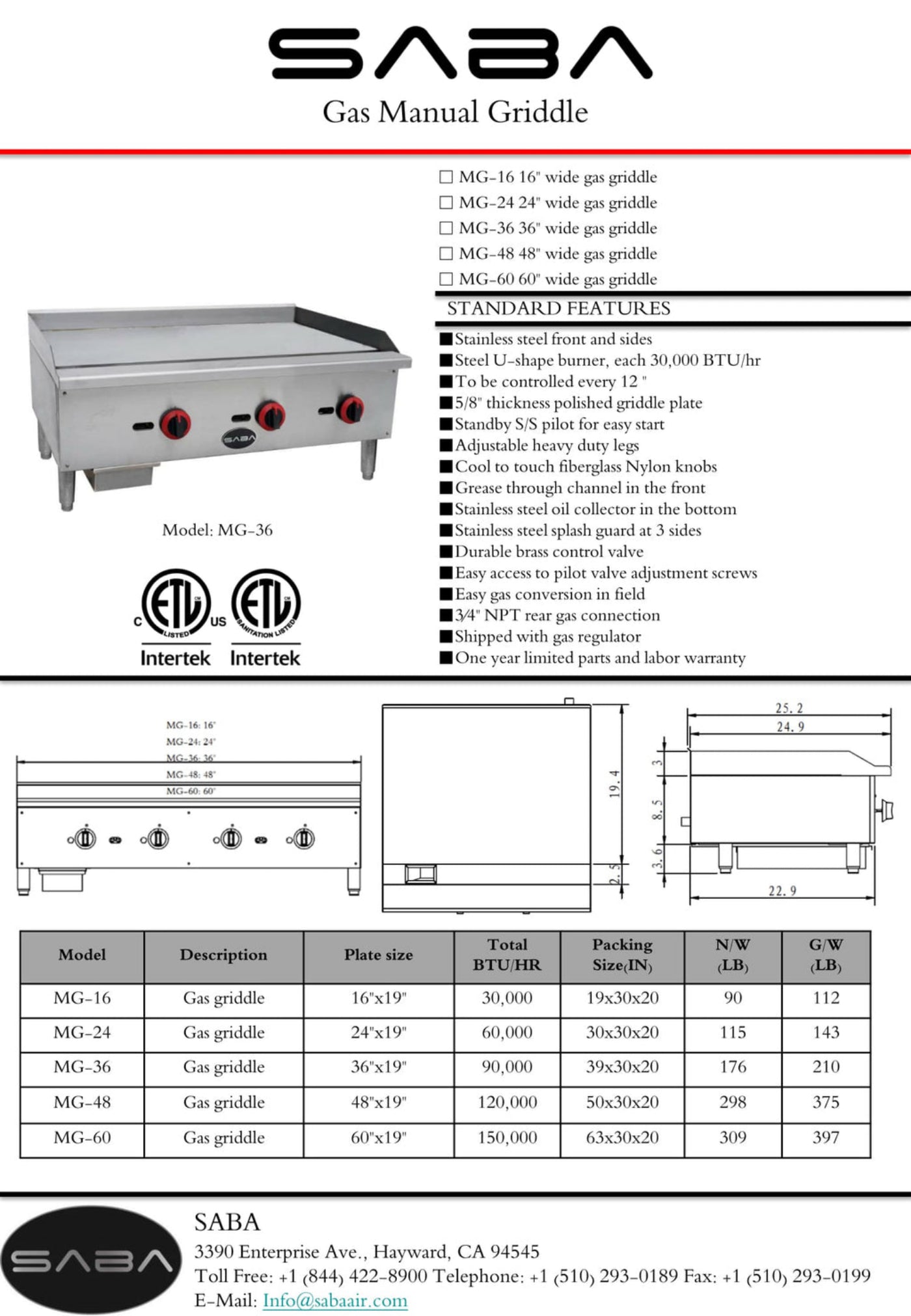 SABA  Commercial Manual Griddle - MG-60
