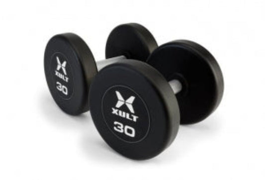 Johnson Health Tech XULT Urethane Round Dumbbells - XULT Urethane Round Dumbbell Pair, Black Plus, 145 lb. - XT-145URE-RND-P