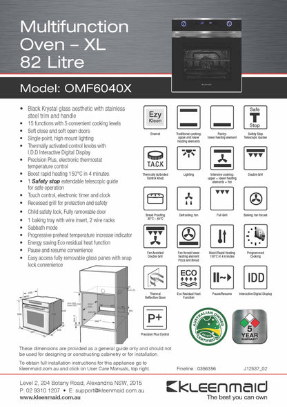 Kleenmaid 60cm Multifunction Oven - OMF6040X