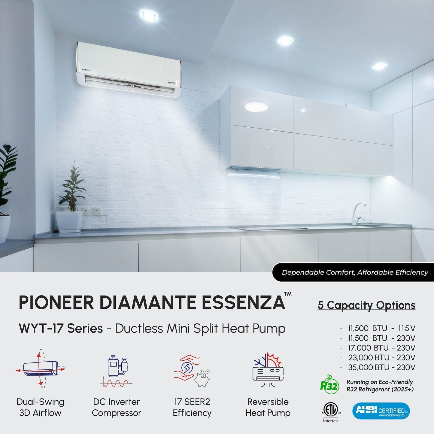 Pioneer Diamante Essenza 23,000 BTU 17 SEER2 230V High-Wall Ductless Mini-Split Air Conditioner Inverter Heat Pump with 16 Ft. Kit - WYT024GLUI17RL