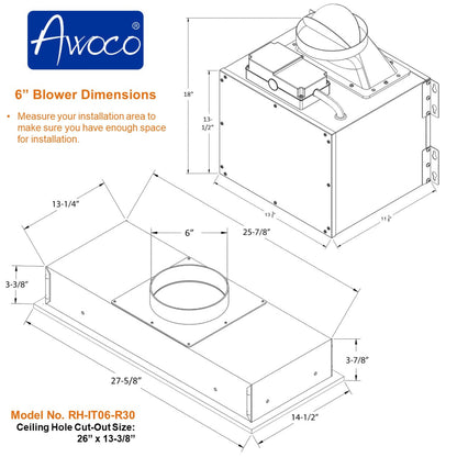 Awoco RH-IT06-R Ceiling Mount 14-1/2”D Super Quiet Split Stainless Steel Range Hood, 4-Speed, 800 CFM, Mesh Filters, Remote Control with 6” Blower - RH-IT06-R30-COLD
