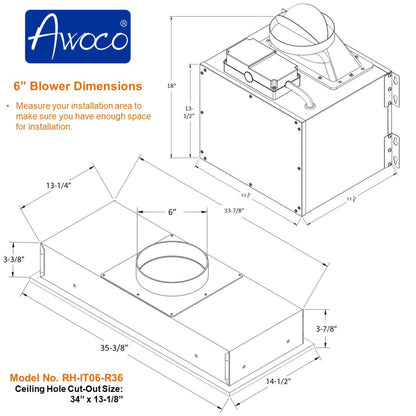 Awoco RH-IT06-R Ceiling Mount 14-1/2”D Super Quiet Split Stainless Steel Range Hood, 4-Speed, 800 CFM, Mesh Filters, Remote Control with 6” Blower - RH-IT06-R30-COLD