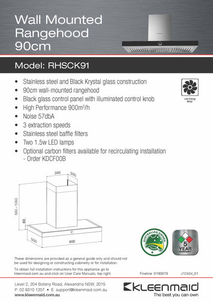 Kleenmaid 90cm Wall Mounted Canopy Rangehood - RHSCK91