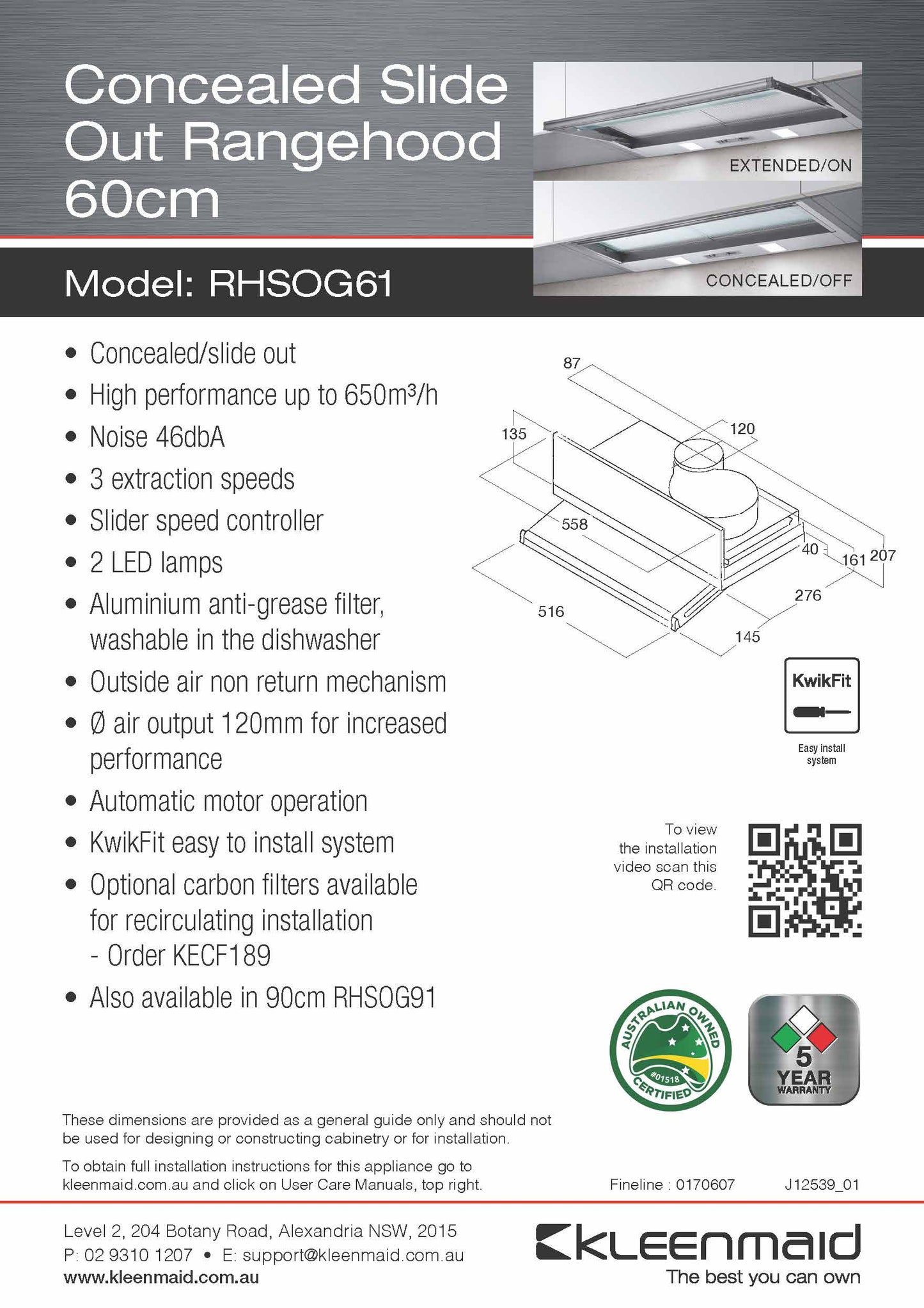 Kleenmaid 60cm Concealed Slide Out Rangehood - RHSOG61