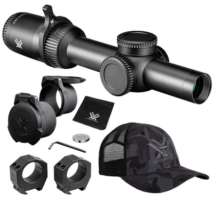 Vortex Optics Strike Eagle 1-8x24 EBR-8 MOA 30mm Riflescope with Vortex Optics 30 mm Precision Matched Medium Rings (0.97in) (Picatinny or Weaver) or with Precision Extended Cantilever Mount 30 mm and with Vortex Optics Free Hat Bundle