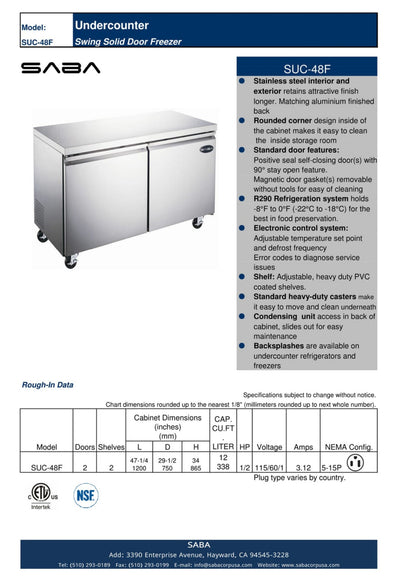 SABA  - 48" Two Door Commercial Under-Counter Freezer - SUC-48F