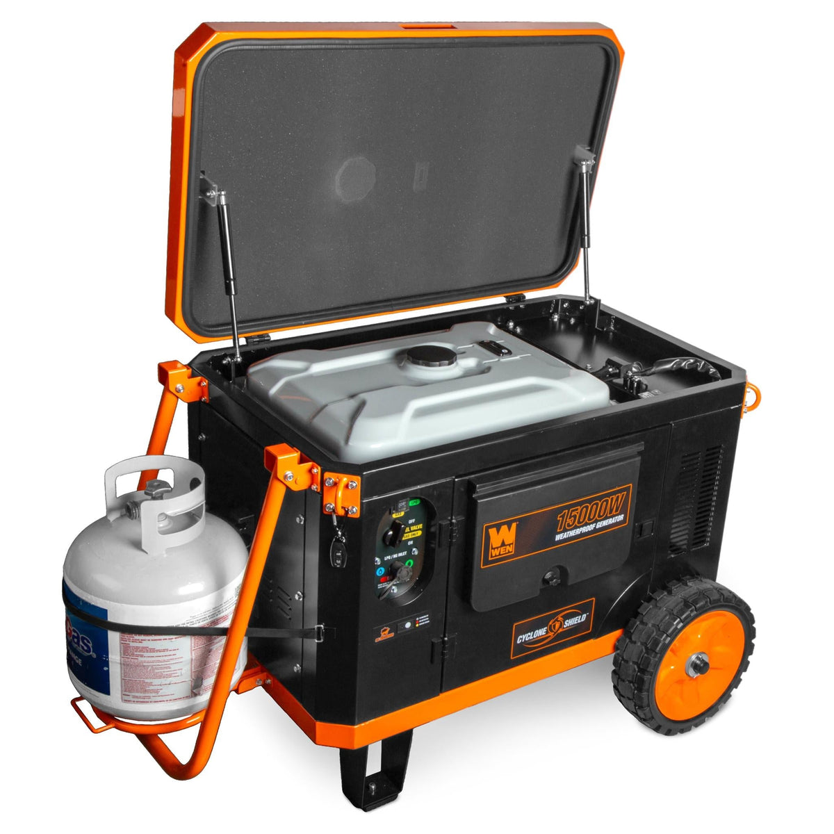 WEN TF1500XR 15,000-Watt Weatherproof Portable Generator for Home Backup, 120V/240V, Tri-Fuel with Cyclone Shield Weatherproofing Technology, 550cc Engine, Remote Electric Start, Wheel Kit, and CO Watchdog, Gas, Propane, and Natural Gas Powered - TF1500XR