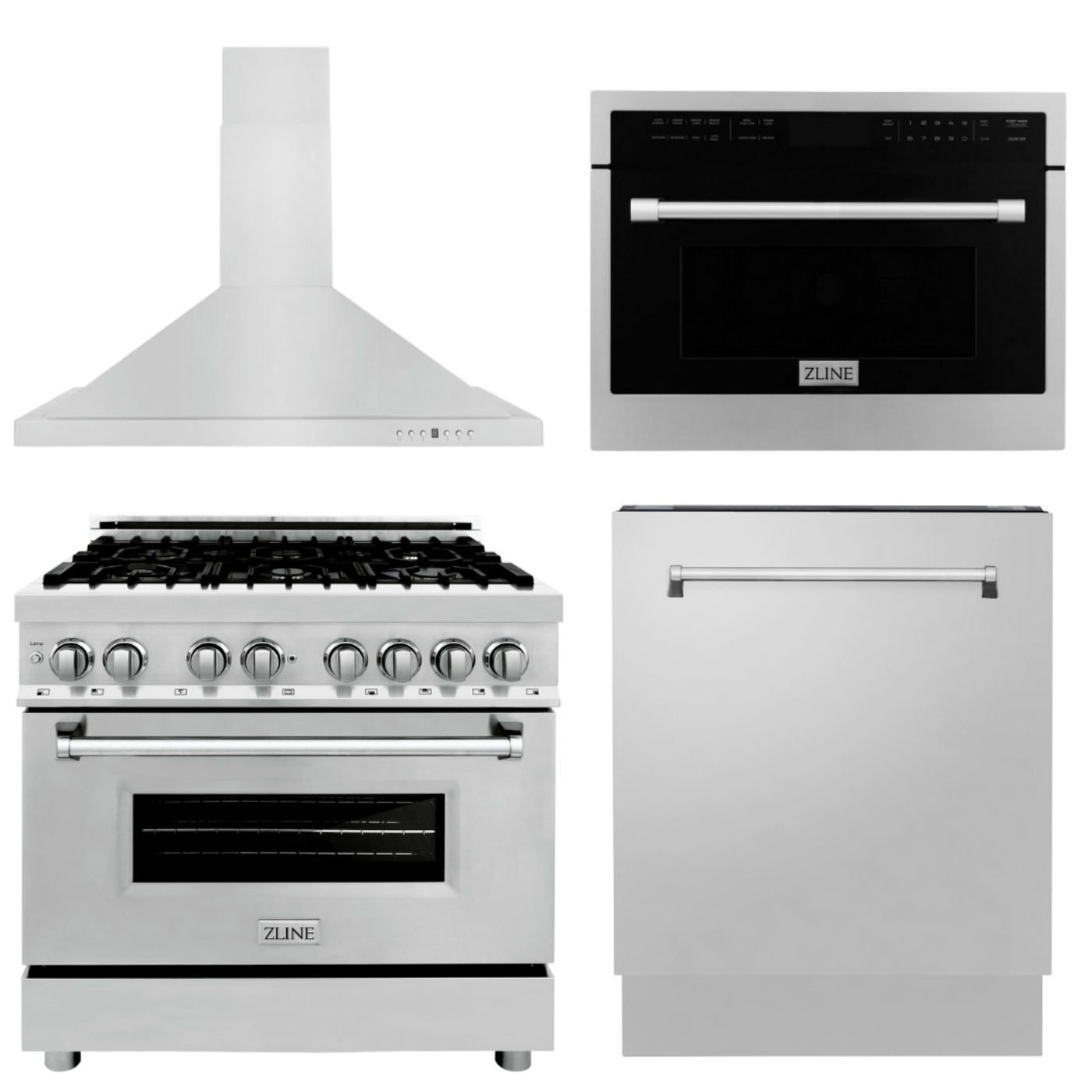 ZLINE Appliance Package - 36 in. Dual Fuel Range, Range Hood, Microwave Oven, Dishwasher, -  4KP-RARH36-MODWV