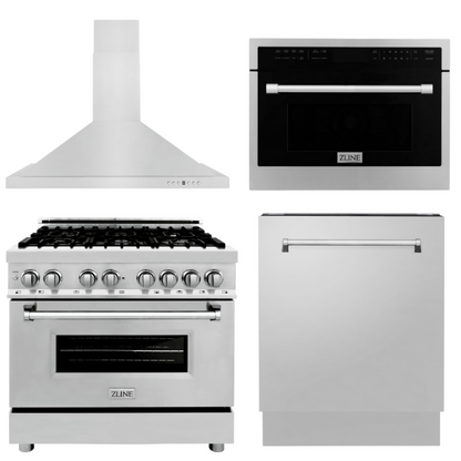 ZLINE Appliance Package - 36 in. Dual Fuel Range, Range Hood, Microwave Oven, Dishwasher, -  4KP-RARH36-MODWV